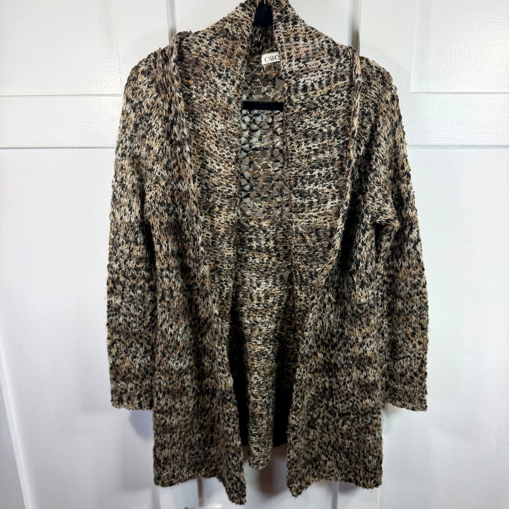 Cato Womens Large Marled Knit Cardigan Open Front Crochet Back Brown Tan Black